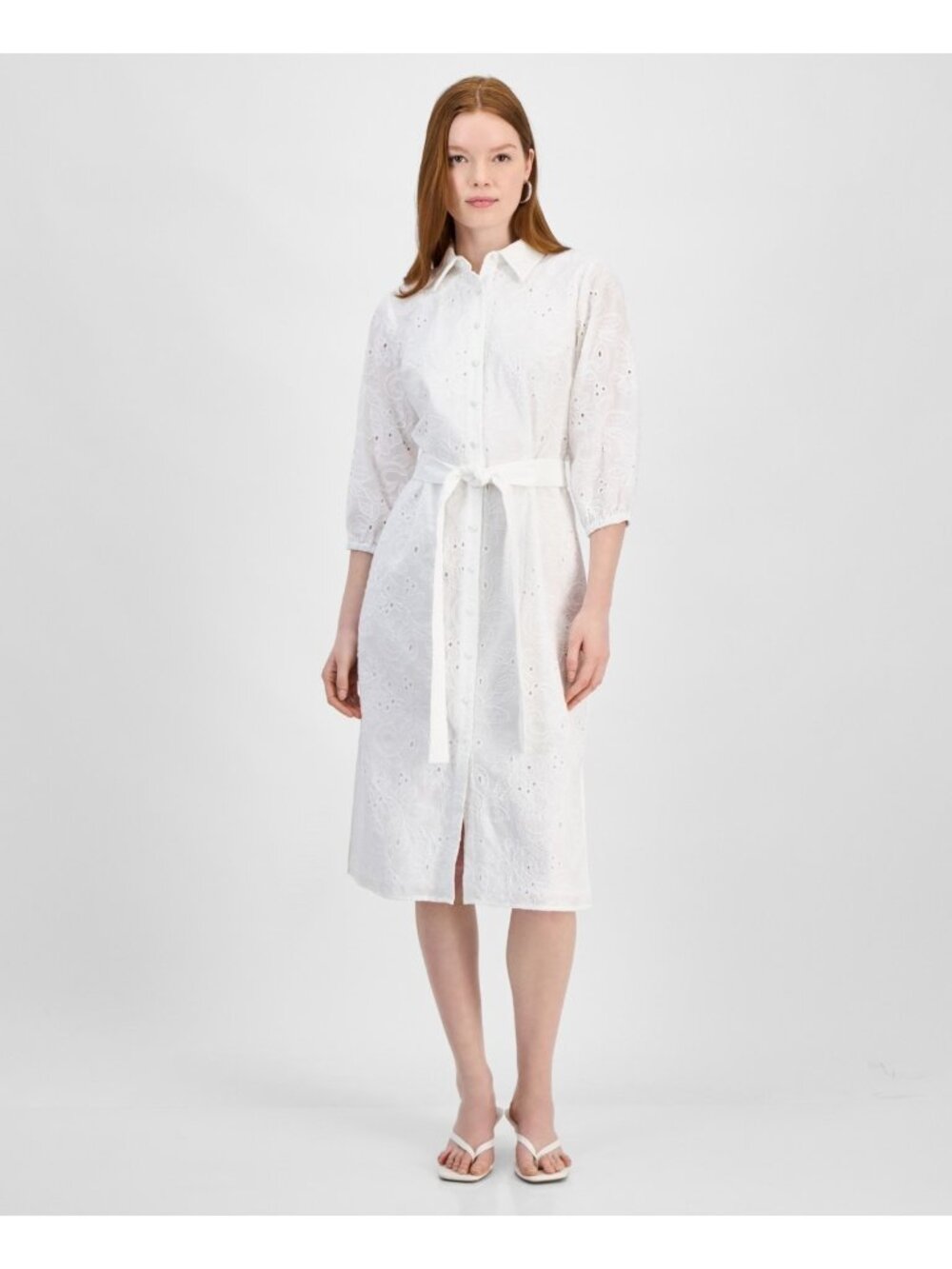 T Tahari  Cotton Embroidered Eyelet Belted Shirtdress White Size M MSRP $178
